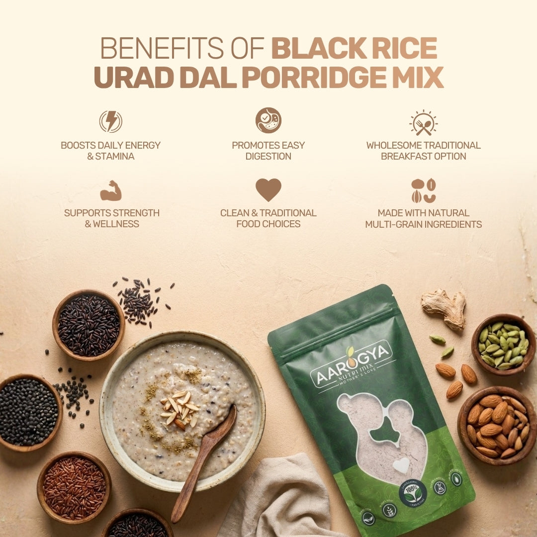 Infographic displaying health benefits of black rice urad dal porridge mix like boosting daily energy and stamina.