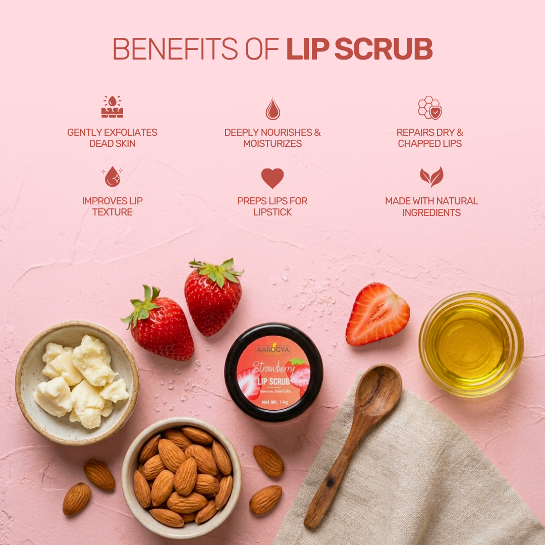 Benefits of Lip Scrub: Gently exfoliates dead skin, deeply nourishes, repairs dry lips, improves texture, preps lips for lipstick.