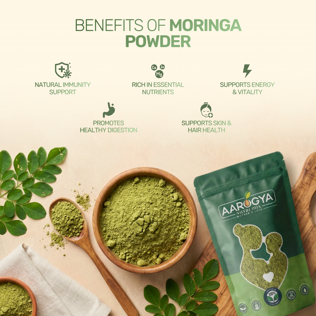 Infographic listing benefits of Aarogya Moringa Powder, including immunity support, healthy digestion, and vitality.