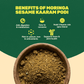 Benefits infographic for Aarogya Moringa Kaaram Podi listing bone health, calcium, and iron advantages.