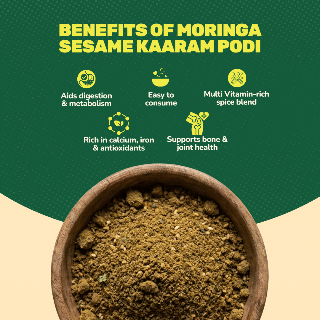 Benefits infographic for Aarogya Moringa Kaaram Podi listing bone health, calcium, and iron advantages.