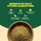 An infographic outlining the health benefits of Aarogya Multi Vitamin Kaaram Podi, showing a bowl of the green spice mix.