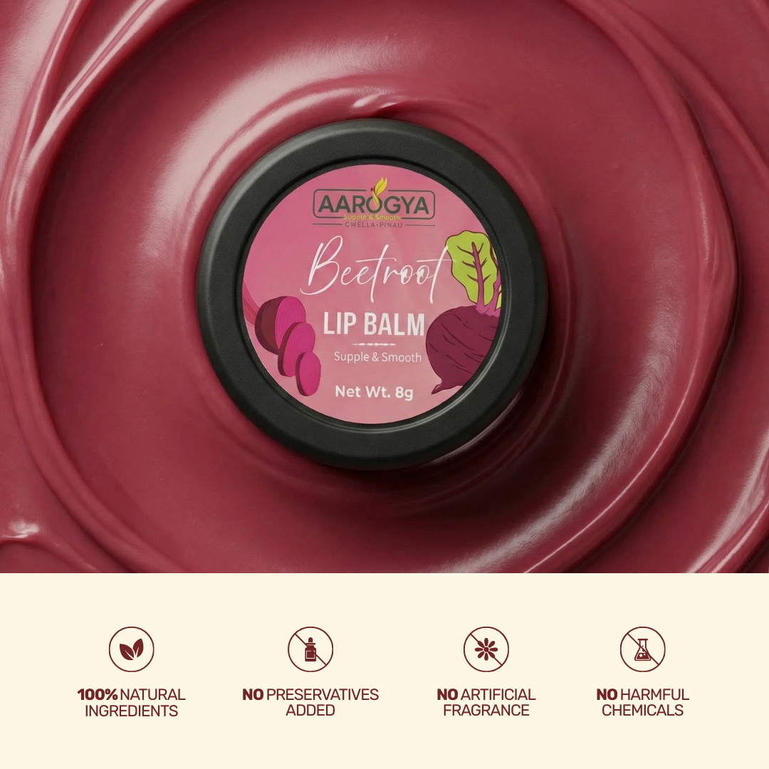 Close-up of rich beetroot lip balm highlighting zero preservatives, no artificial fragrance, and chemical-free formula