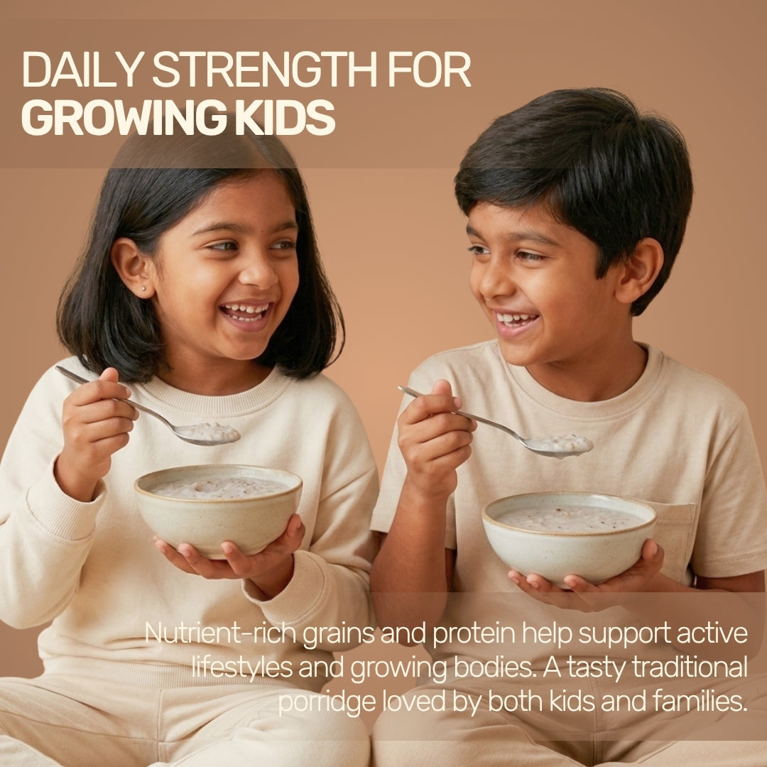 Two happy children eating healthy, nutrient-rich Aarogya black rice porridge for daily strength.