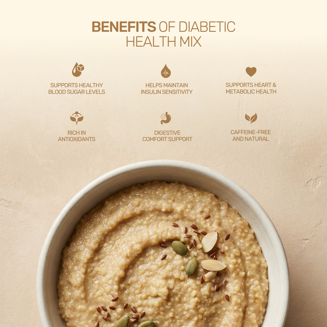 Infographic listing benefits of a diabetic health mix, including healthy blood sugar, insulin sensitivity, and heart health.