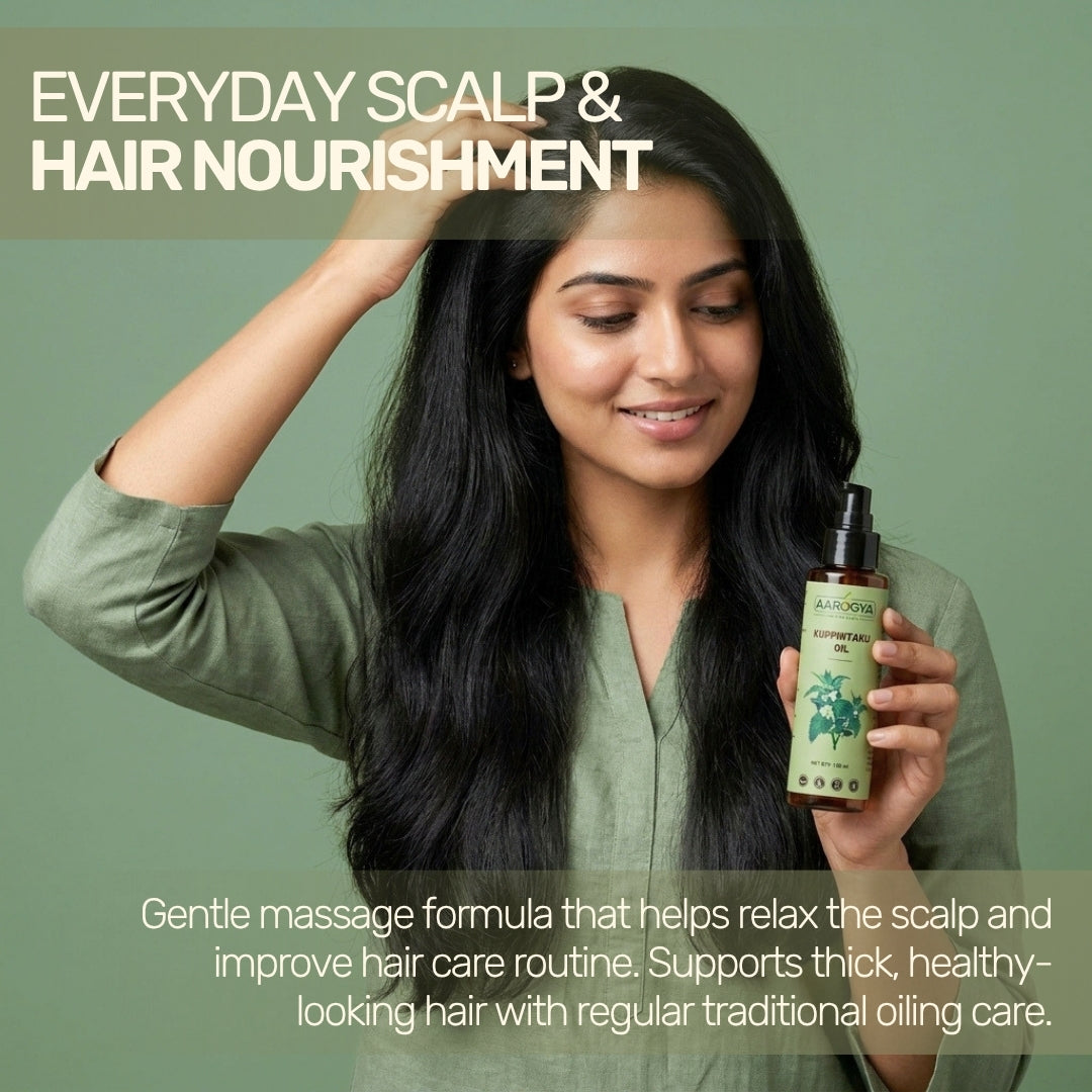 Woman massaging her scalp with Aarogya Kuppintaku Oil for everyday hair nourishment to support thick, healthy-looking hair.