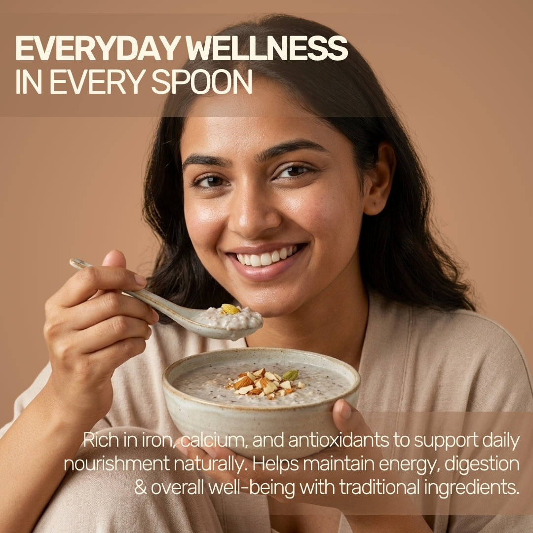 A smiling woman holding a spoon over a bowl of Aarogya multi-grain porridge, highlighting everyday wellness.