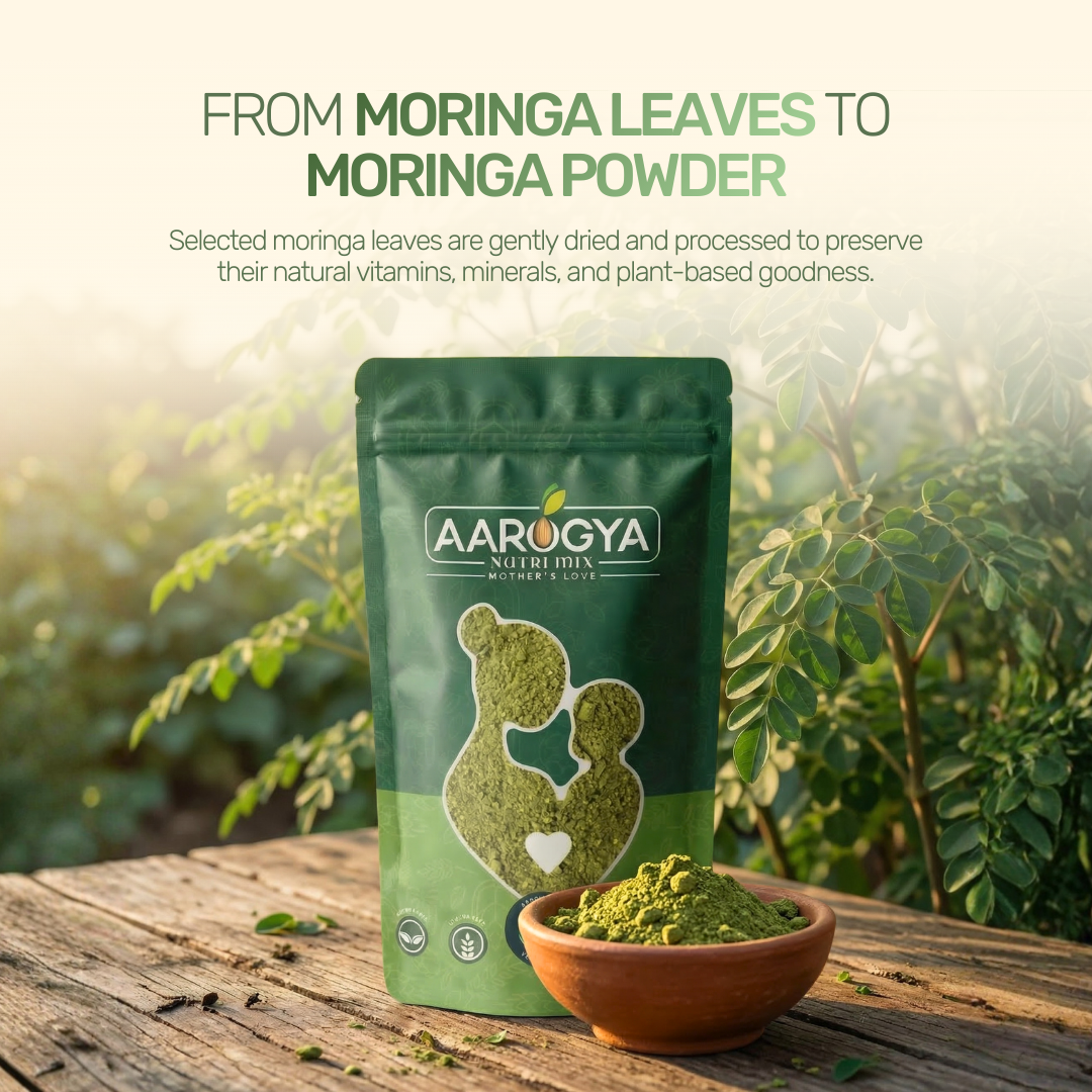 Aarogya Moringa Powder pouch with text explaining how selected leaves are processed to preserve natural vitamins
