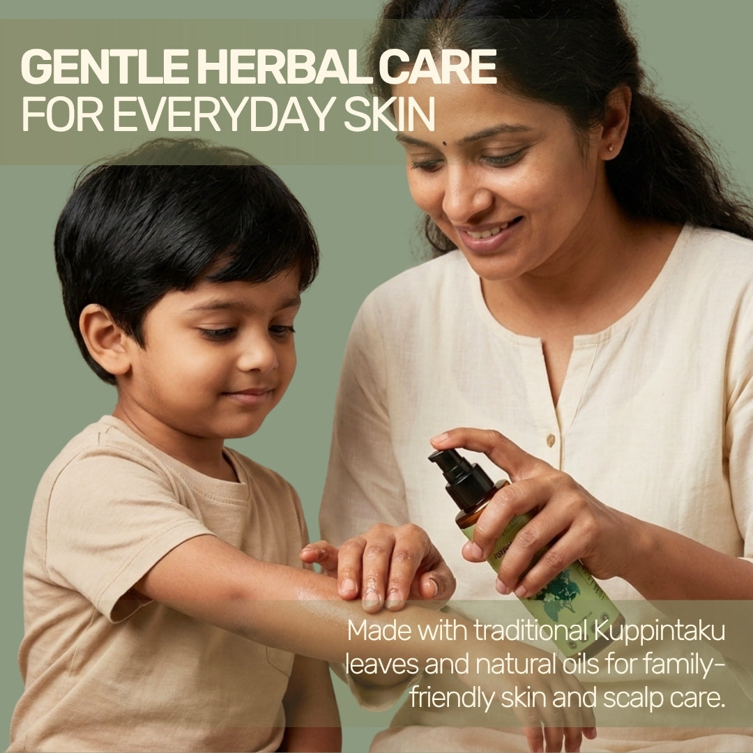 Mother applying Aarogya Kuppintaku Oil to a child's arm, providing gentle herbal care for family skin and scalp needs.