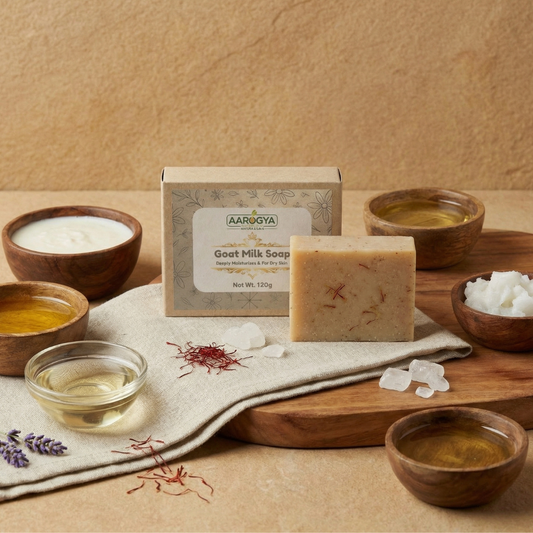Aarogya Goat Milk Soap bar and box surrounded by saffron strands, natural oils, and fresh milk.