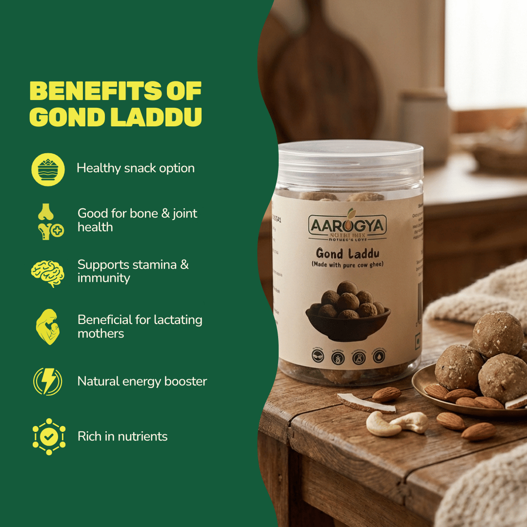 Aarogya Gond Laddu benefits infographic highlighting bone health, immunity support, and benefits for lactating mothers.
