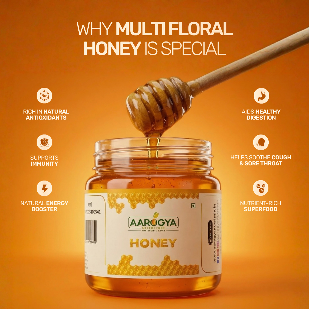 Health benefits of Aarogya multi floral honey featuring immunity support, healthy digestion, and antioxidant properties