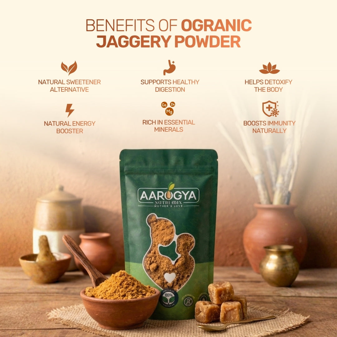Health benefits of organic jaggery powder including digestion support, detoxification, and immunity boosting minerals.