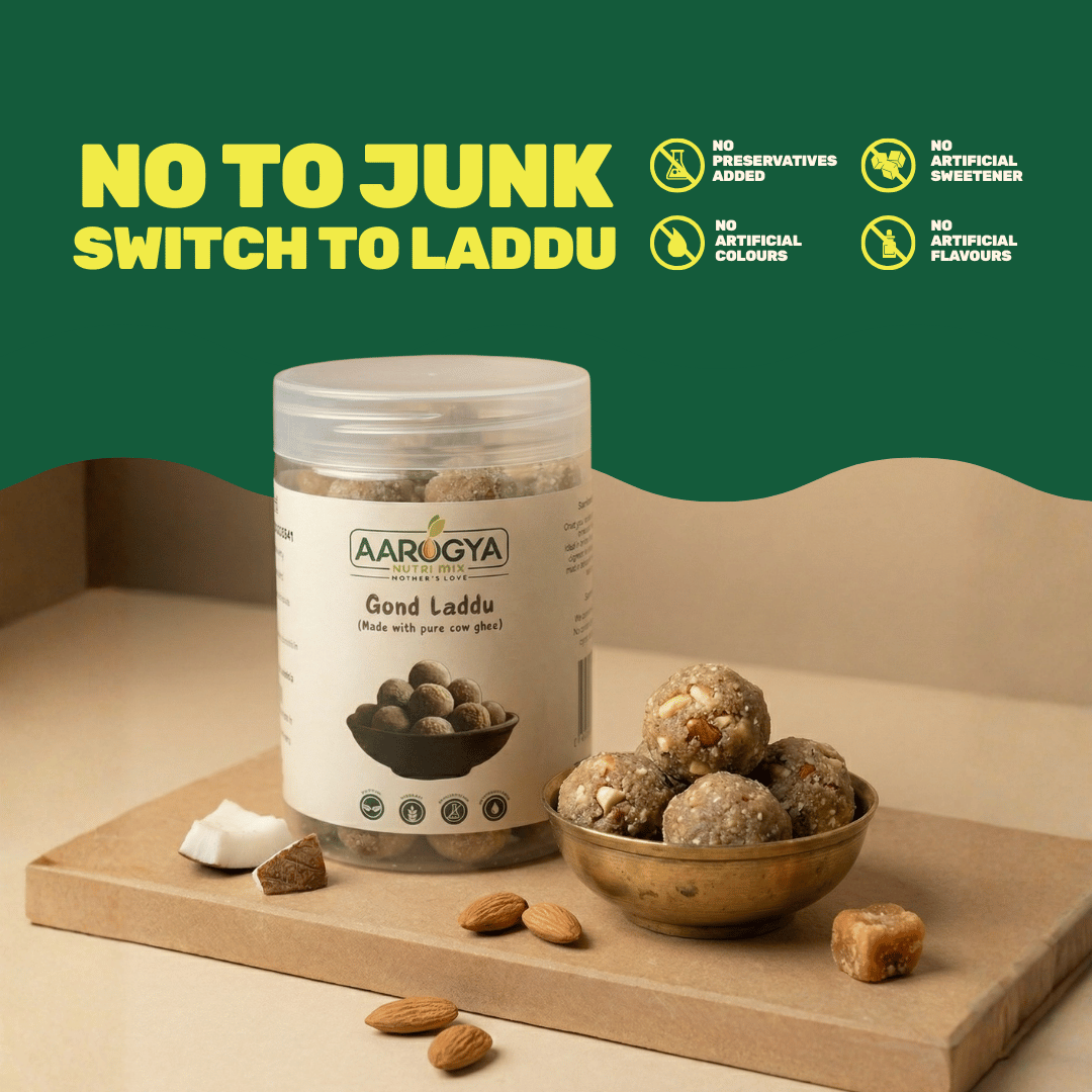 Aarogya Gond Laddu infographic promoting healthy snacking with zero preservatives, artificial colors, or sweeteners.