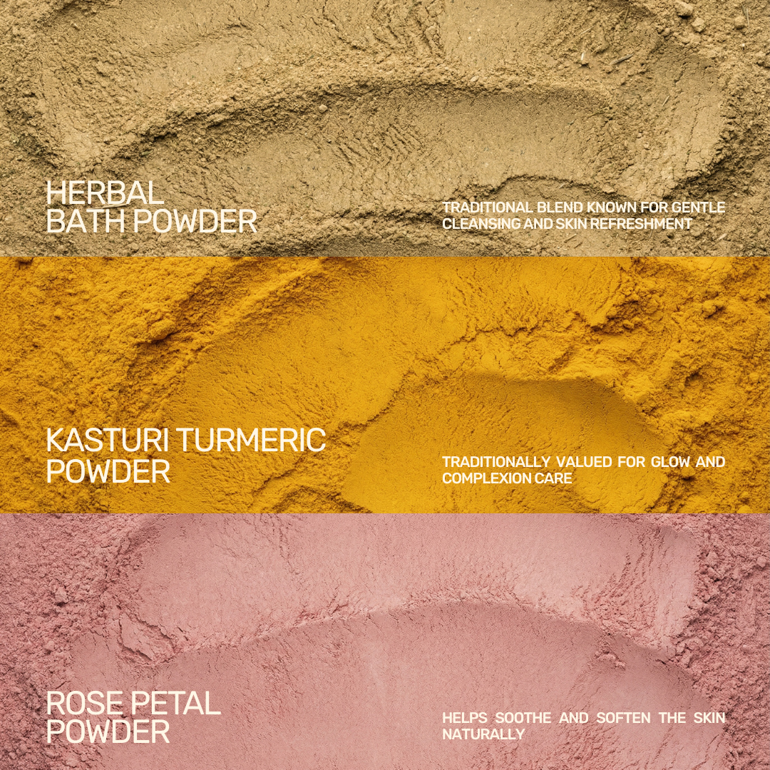 Close up of herbal bath powder, kasturi turmeric powder, and rose petal powder used for skin cleansing and care