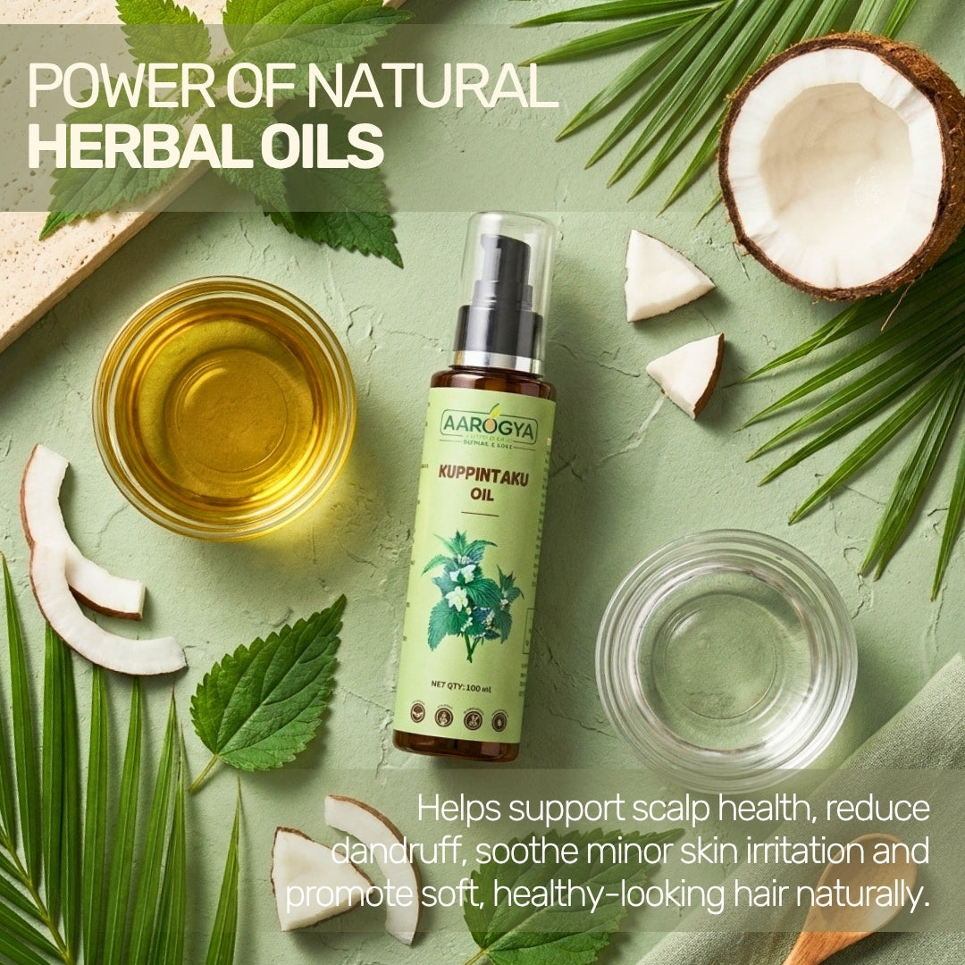 Aarogya Kuppintaku herbal oil flat lay with coconut, designed to reduce dandruff, support scalp health, and soothe skin.