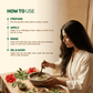 Infographic showing how to use Aarogya herbal hair dye with steps: prepare, apply, rinse, oil and wash.