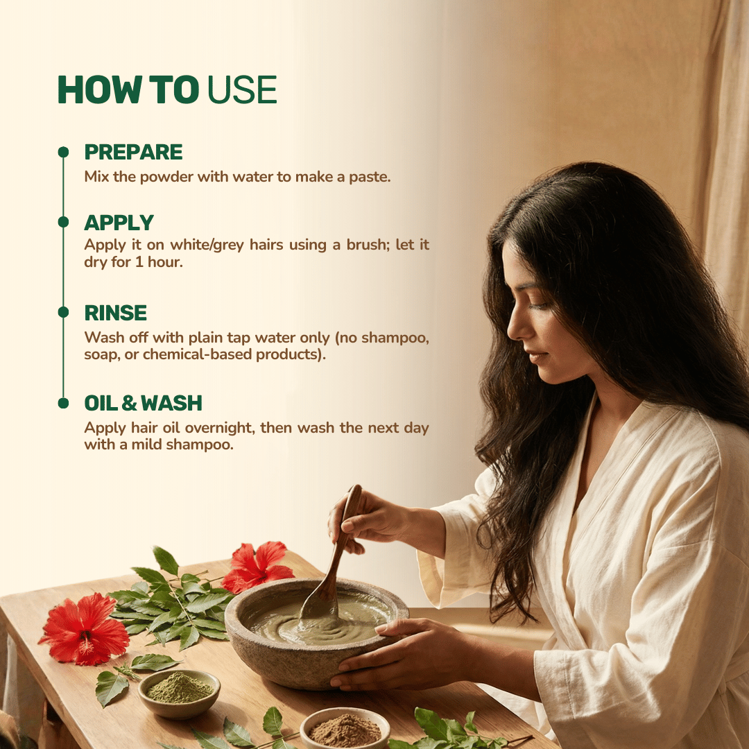 Infographic showing how to use Aarogya herbal hair dye with steps: prepare, apply, rinse, oil and wash.