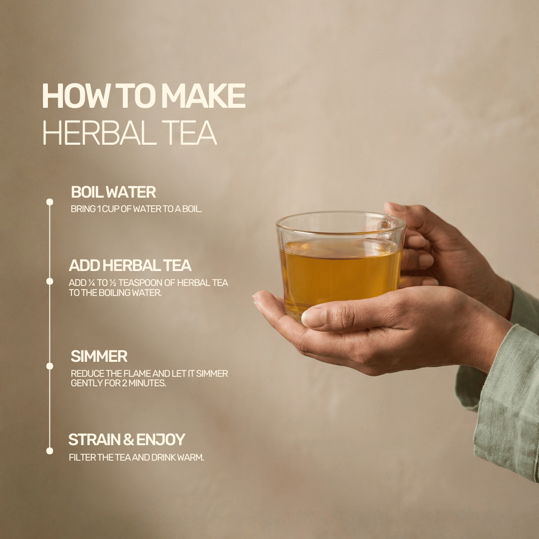 An infographic guide detailing how to make herbal tea step-by-step, featuring hands holding a clear mug of warm tea.