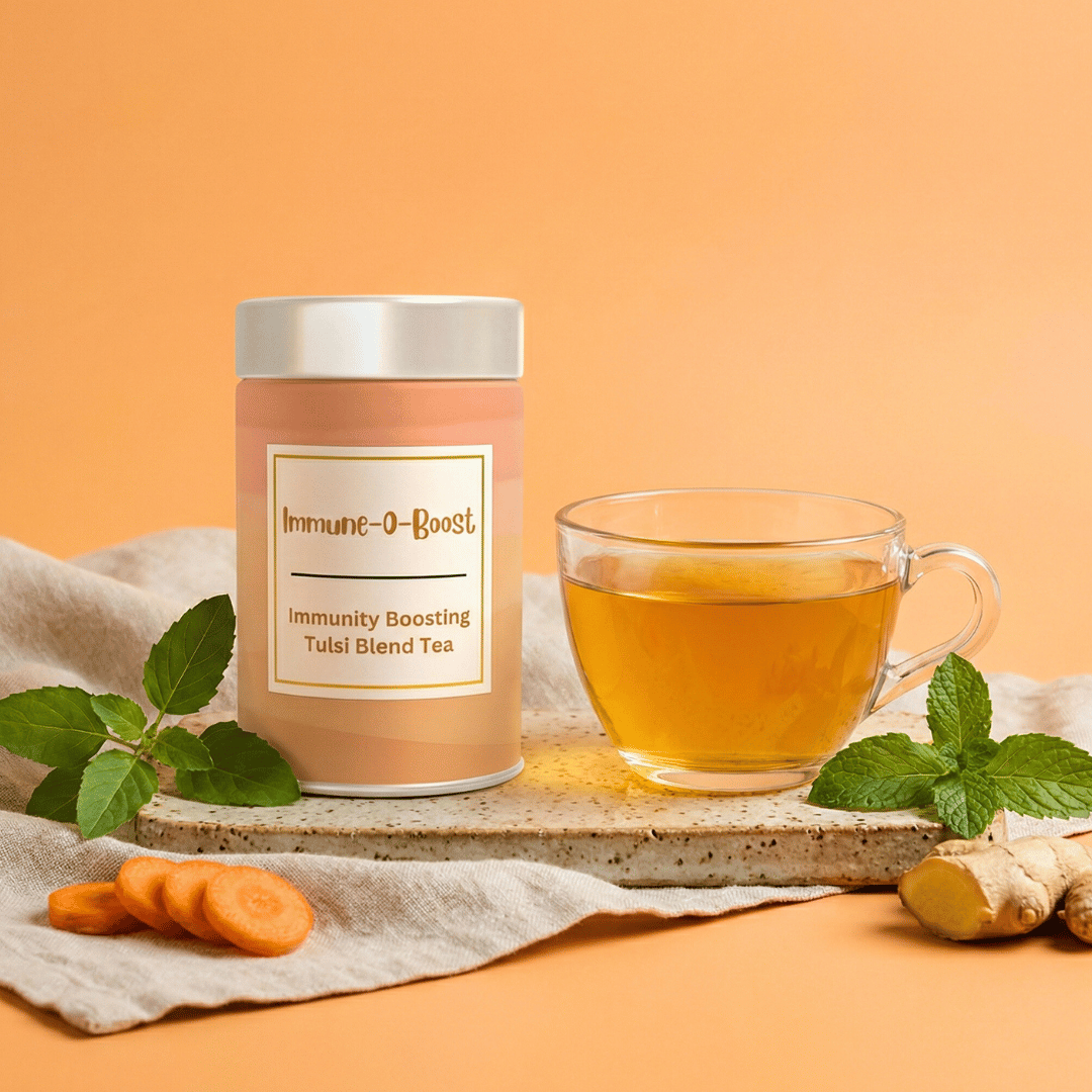 Immune-O-Boost Immunity Boosting Tulsi Blend Tea container next to a freshly brewed cup of herbal tea
