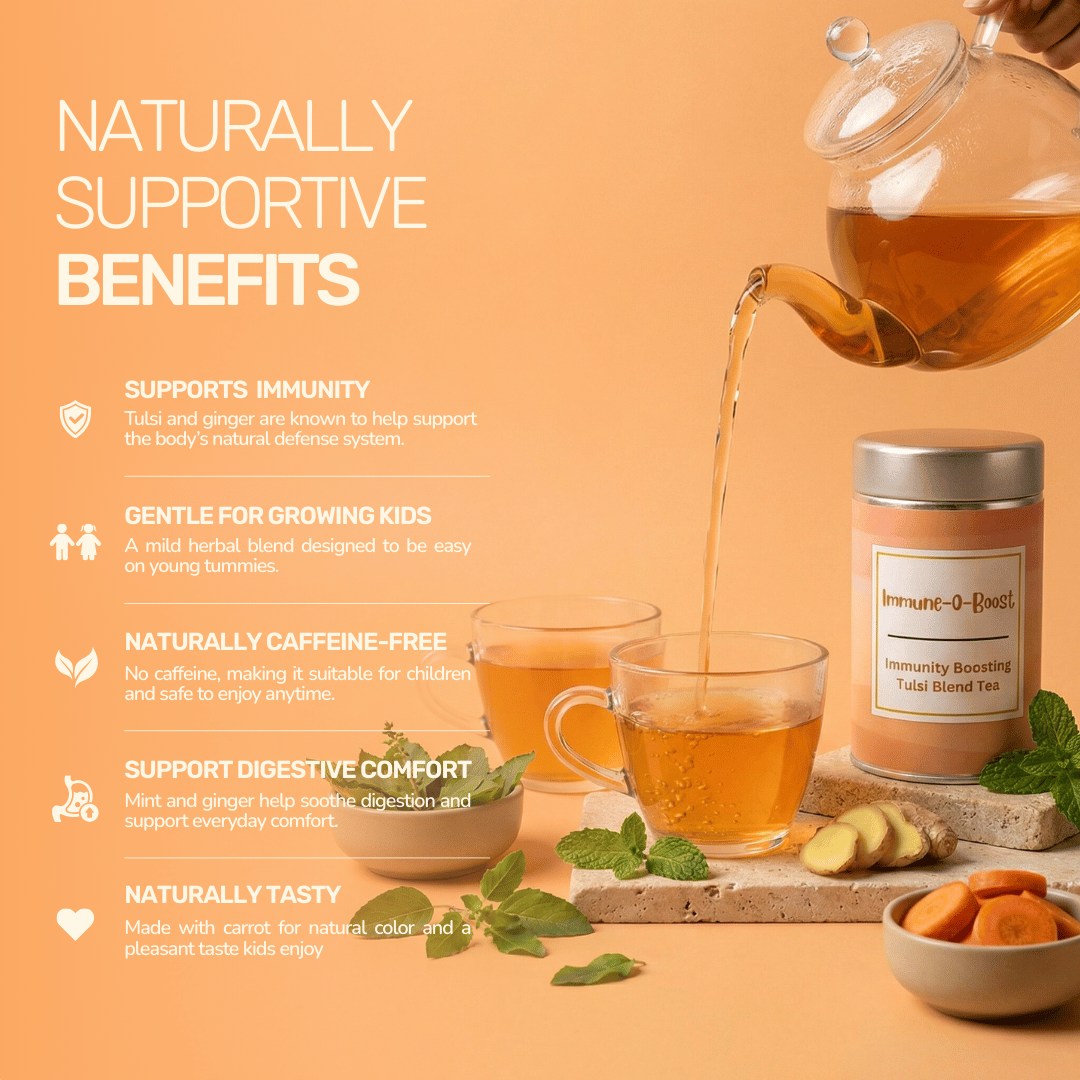 Infographic displaying caffeine-free immunity tea benefits like immune support and digestive comfort for kids