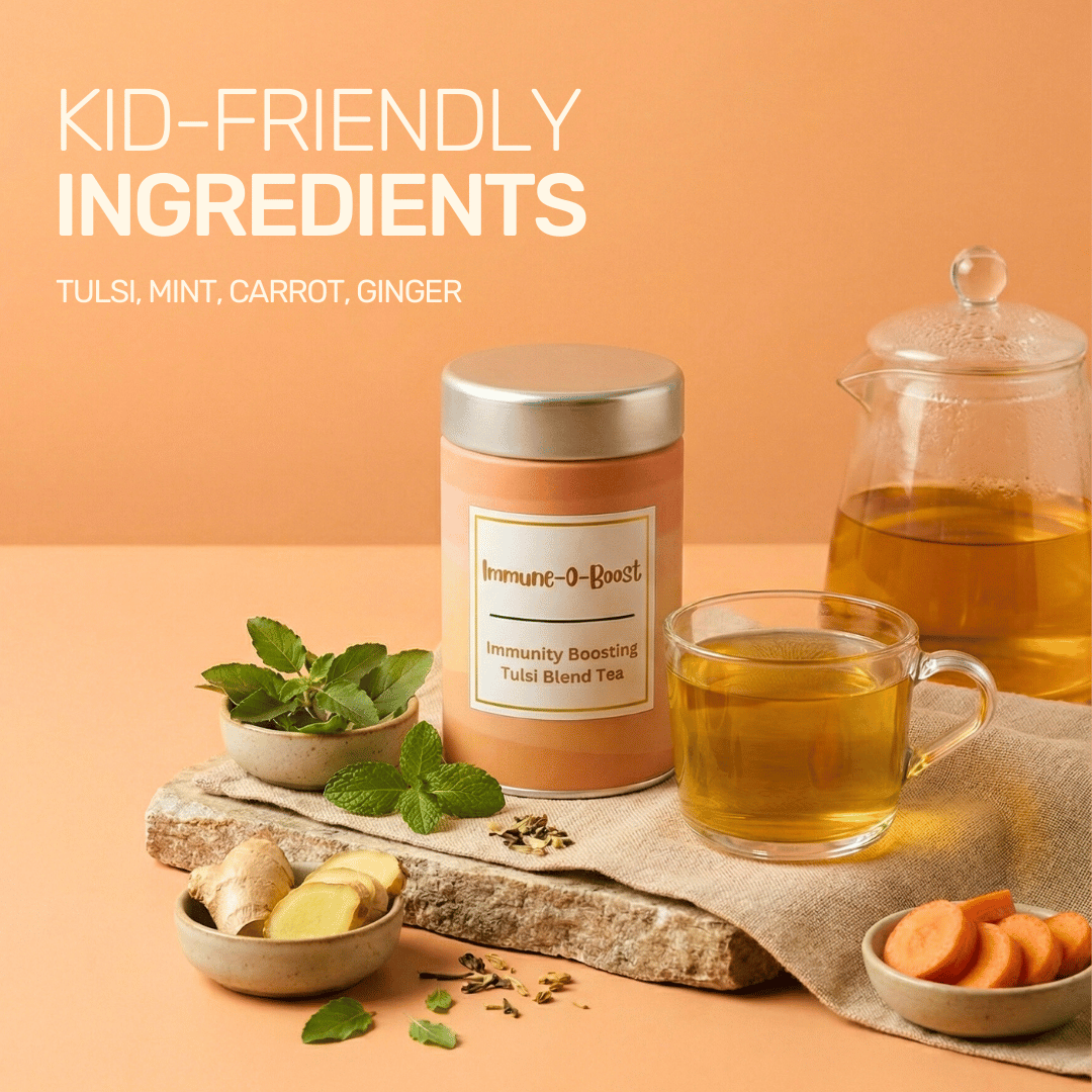 Immune-O-Boost tea featuring kid-friendly ingredients like tulsi, mint, carrot, and ginger