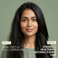 Before and after hair results showing a transformation from weak, frizzy, dull hair to stronger, naturally shiny hair.