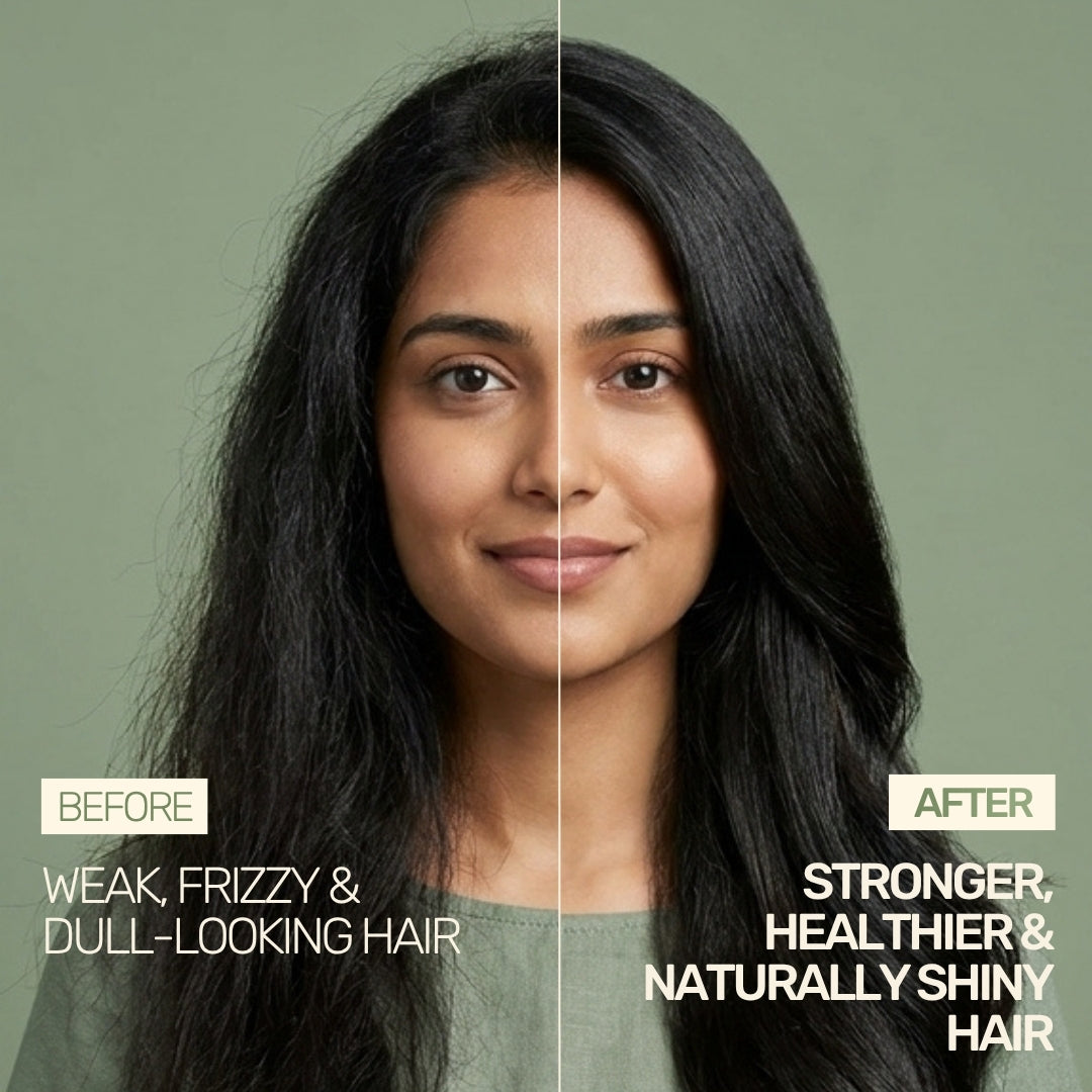 Before and after hair results showing a transformation from weak, frizzy, dull hair to stronger, naturally shiny hair.