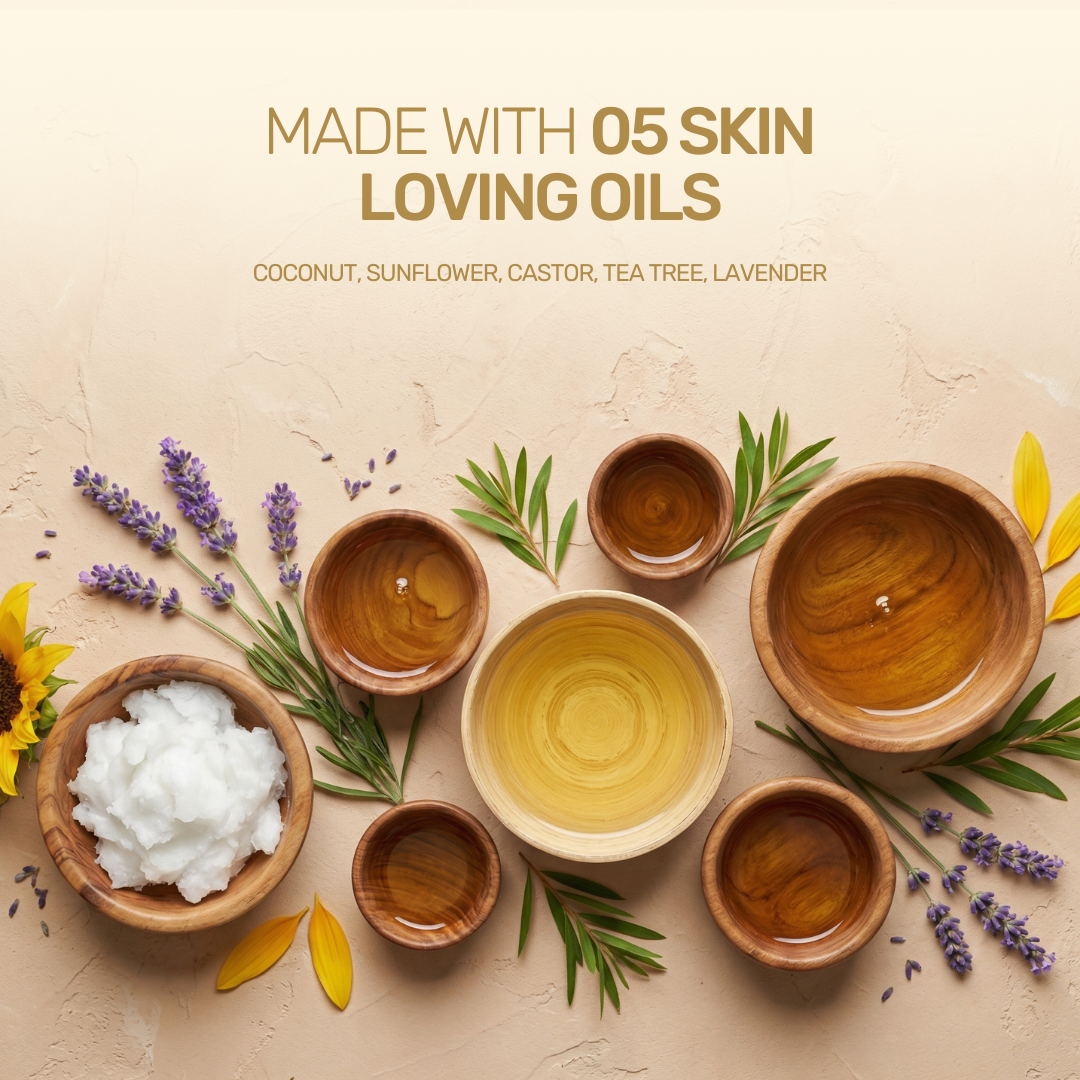 Graphic showing 5 skin loving oils including coconut, sunflower, castor, tea tree, and lavender.