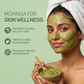 Woman with a green moringa face mask holding a bowl, with text detailing skin wellness and antioxidant benefits.