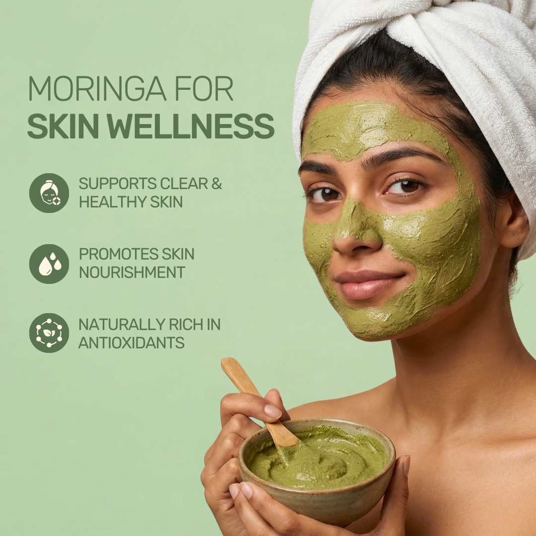 Woman with a green moringa face mask holding a bowl, with text detailing skin wellness and antioxidant benefits.