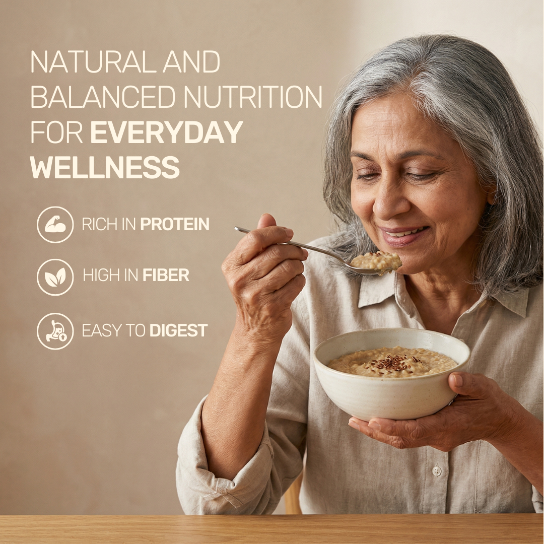 natural and balanced nutrition for everyday wellness, highlighting rich in protein, high in fiber, and easy to digest.