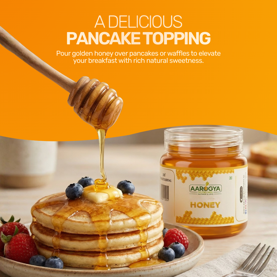 Delicious natural honey used as a sweet topping to elevate breakfast pancakes and waffles.