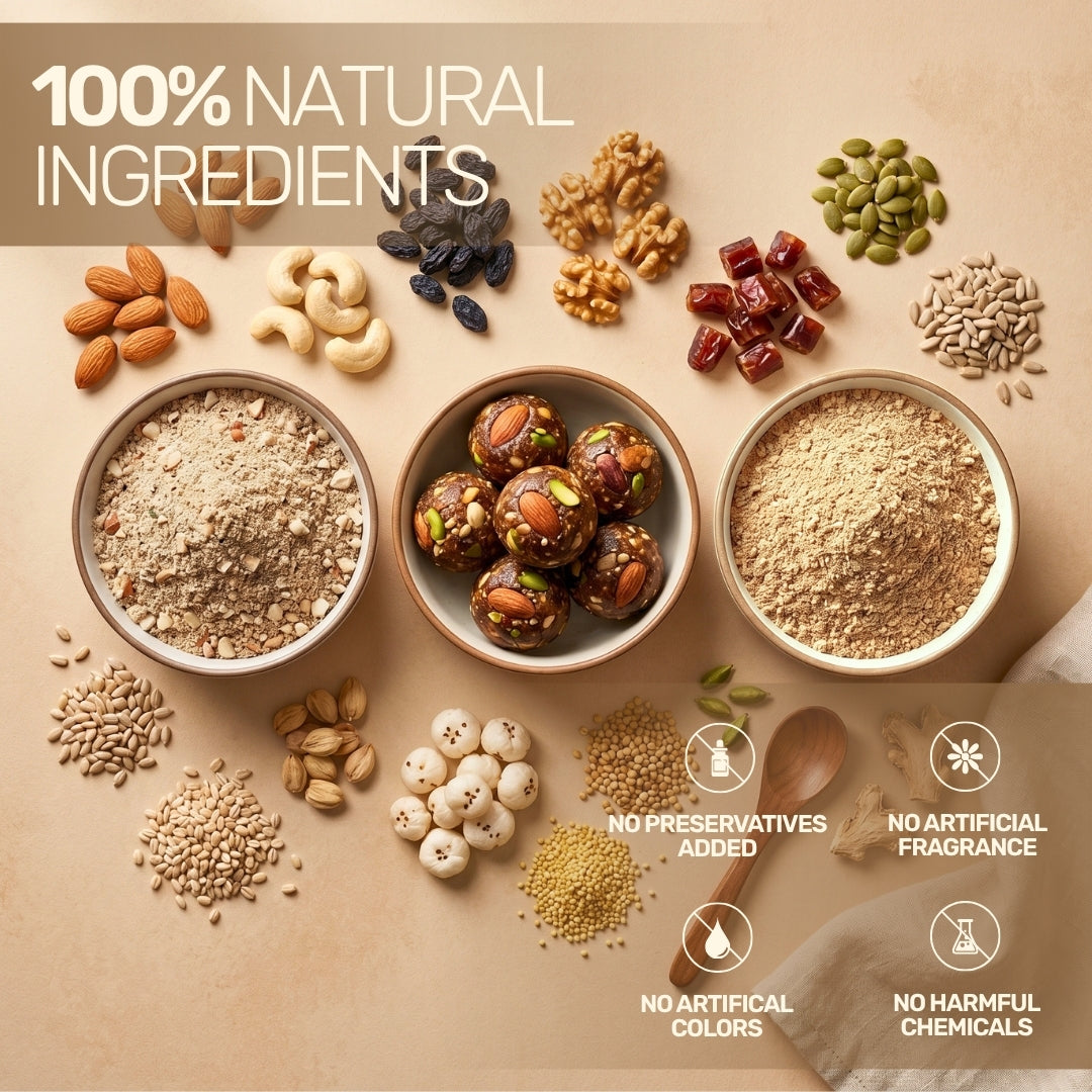 100% Natural Ingredients including Dry Fruits and Nuts for Health Supplements by Aarogya NutriMix, No Preservatives or Artificial Chemicals