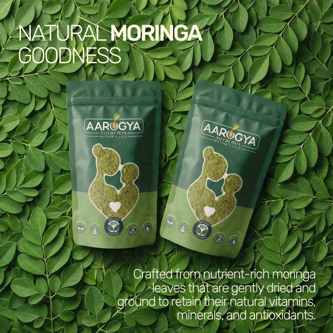 Two Aarogya Moringa Powder pouches with text about natural goodness crafted to retain vitamins and antioxidants.
