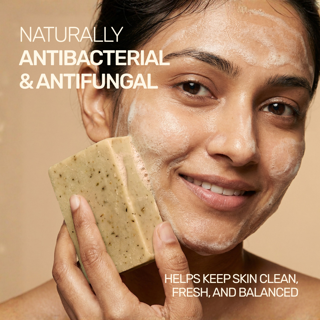 A woman cleansing her face with an antibacterial, antifungal herbal soap to keep skin clean and fresh