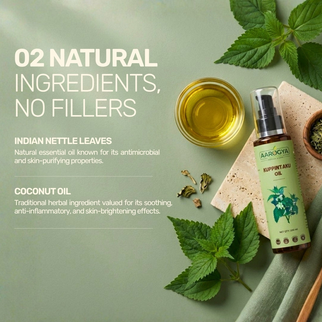 Graphic for Aarogya Kuppintaku Oil showing 2 natural ingredients: antimicrobial Indian Nettle leaves and Coconut Oil.
