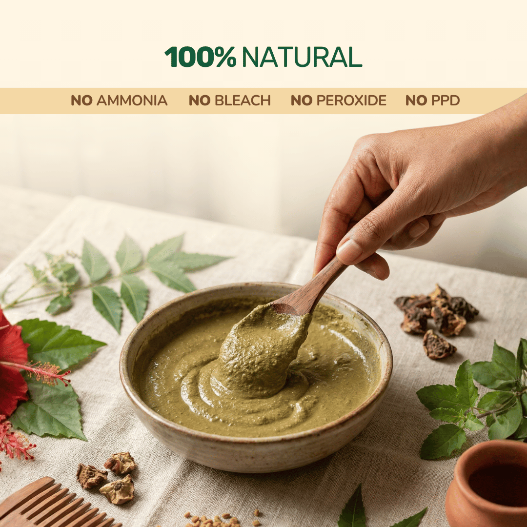 100% natural hair paste infographic highlighting no ammonia, no bleach, no peroxide, and no PPD safety features.