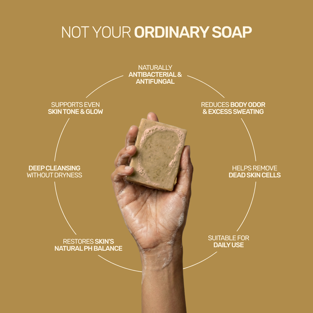 Infographic showing herbal soap benefits like antibacterial protection, skin glow, and pH balance