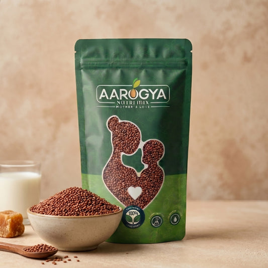 Aarogya Nutrimix Aliv Seeds stand-up pouch displayed next to a bowl of raw garden cress seeds, milk, and jaggery
