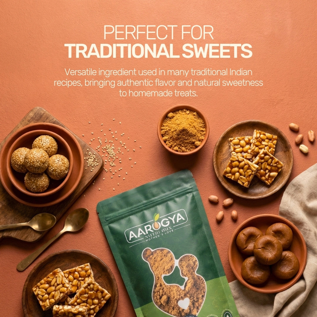 Versatile organic jaggery powder used as a natural sweetener in traditional Indian recipes and homemade treats.