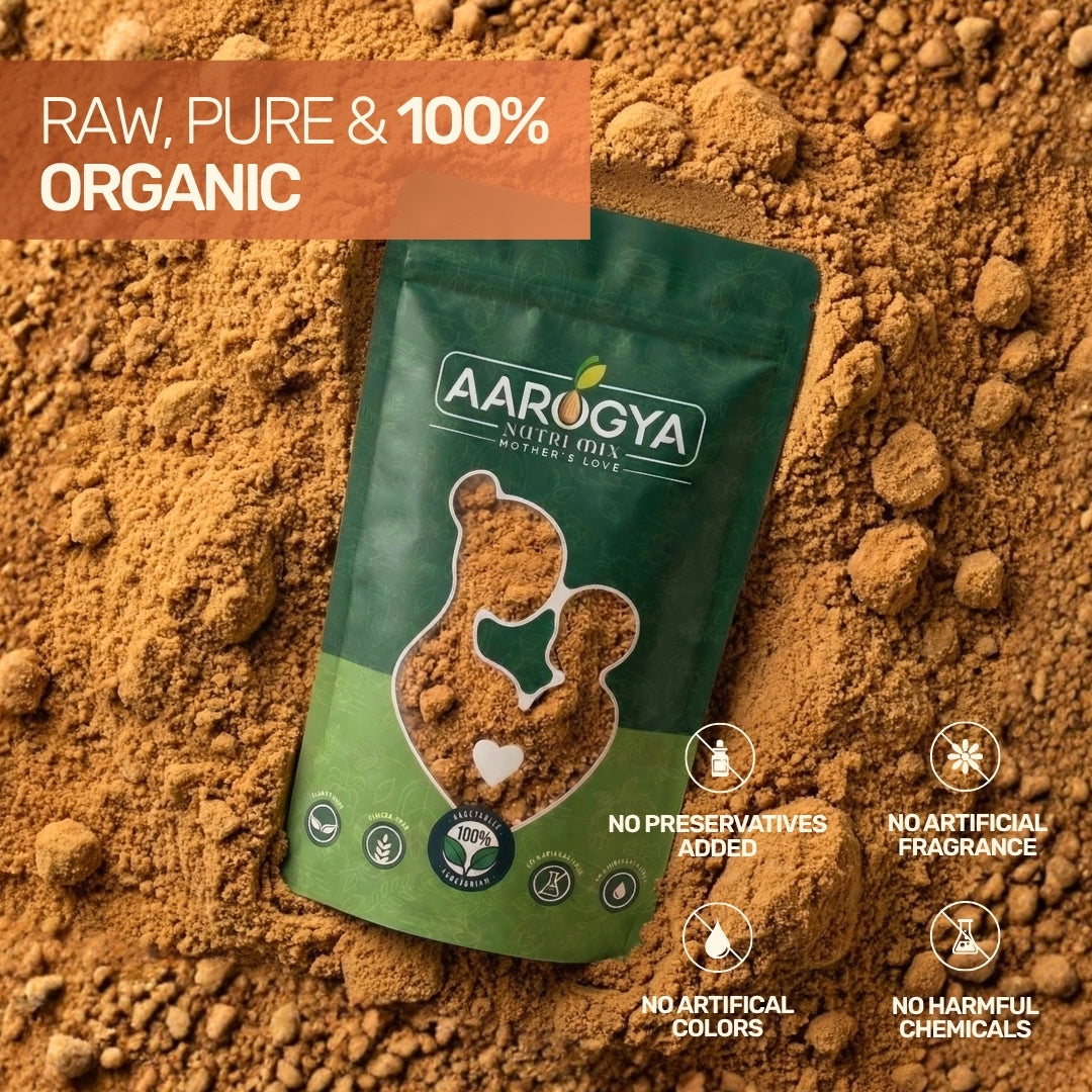 Raw pure and 100% organic jaggery powder with no added preservatives, artificial colors, fragrance, or harmful chemicals.