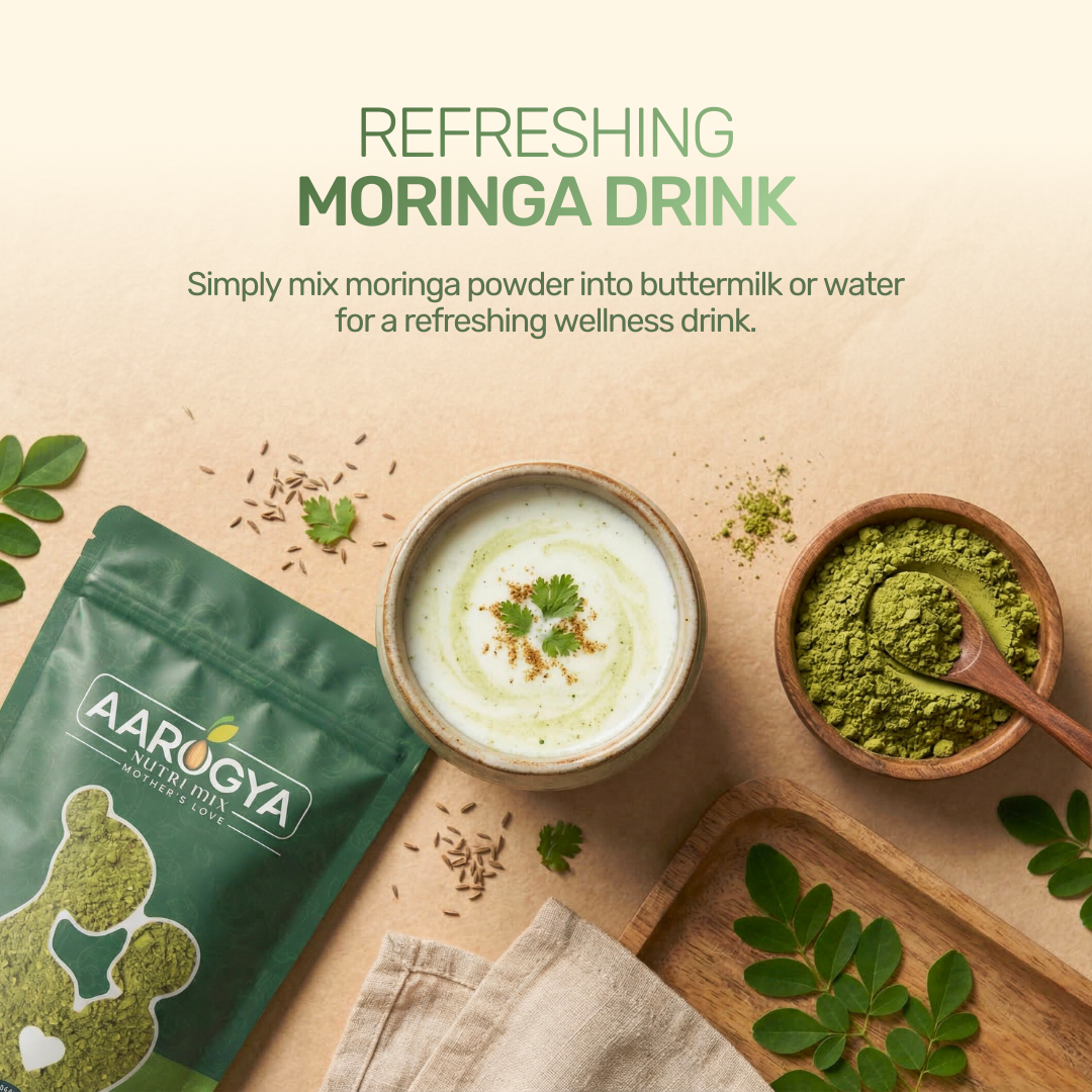 A bowl of moringa buttermilk drink with text suggesting to mix moringa powder into buttermilk for a wellness drink.