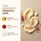 Infographic listing Shata Dhauta Ghrita ingredients: Desi cow ghee, saffron, and distilled water for powerful skin care.