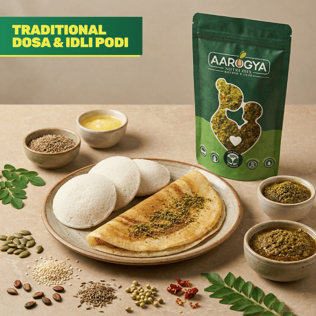 A breakfast setting showing Aarogya podi sprinkled on a dosa with idlis, ghee, and raw spice seeds across the foreground.