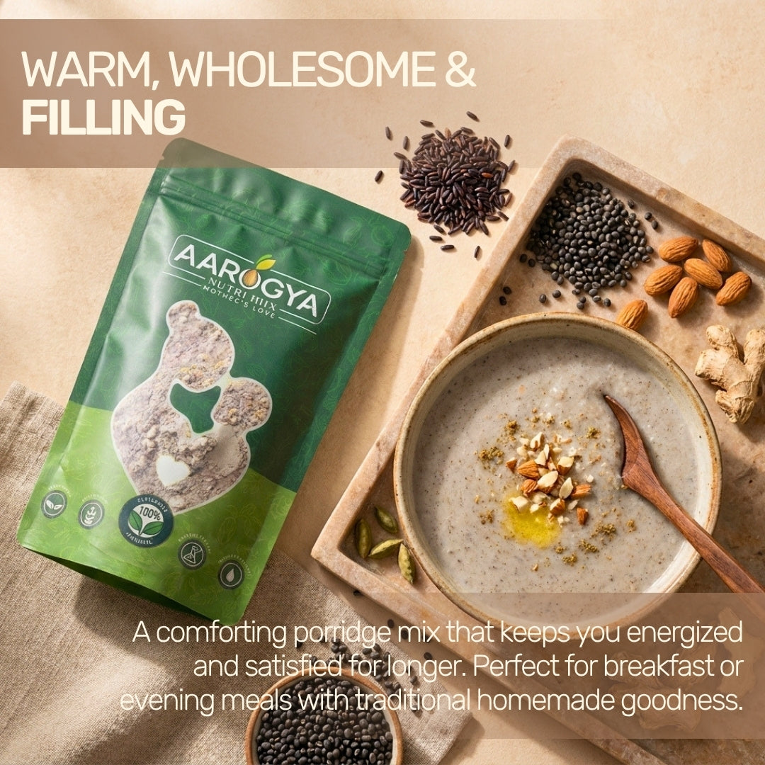 A comforting bowl of warm Aarogya black rice porridge mix served with almonds, ginger, and raw grains.
