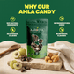 Aarogya amla candy infographic highlighting its 100% natural ingredients, no artificial colors, flavors, or preservatives.
